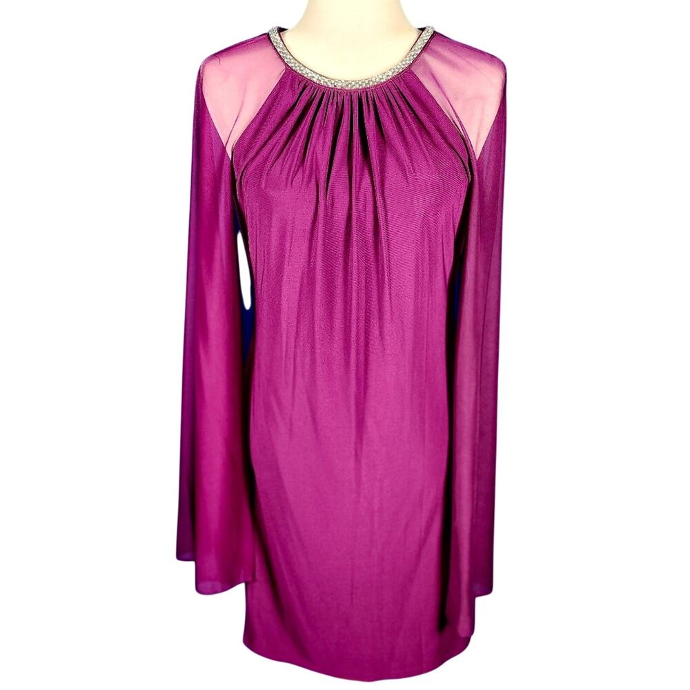 R&M Richards Chiffon Dress • Style 2496 • Size 6 • Berry Rhinestone Neck Capelet - Picture 2 of 12